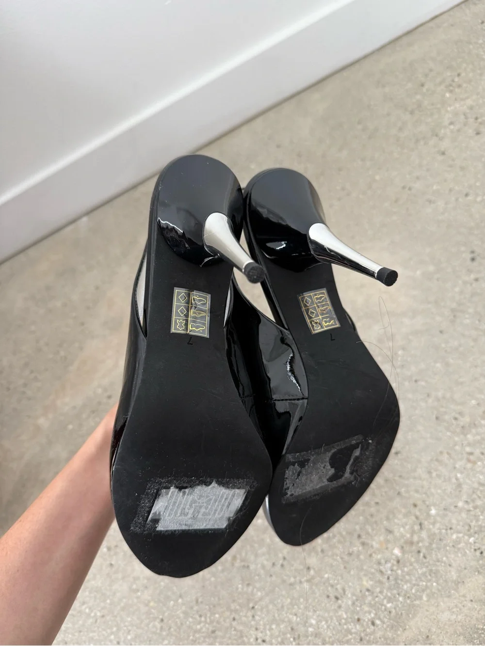 Jeffrey Campbell Black Patent Slingback Peep-Toe Pumps with Silver Insole